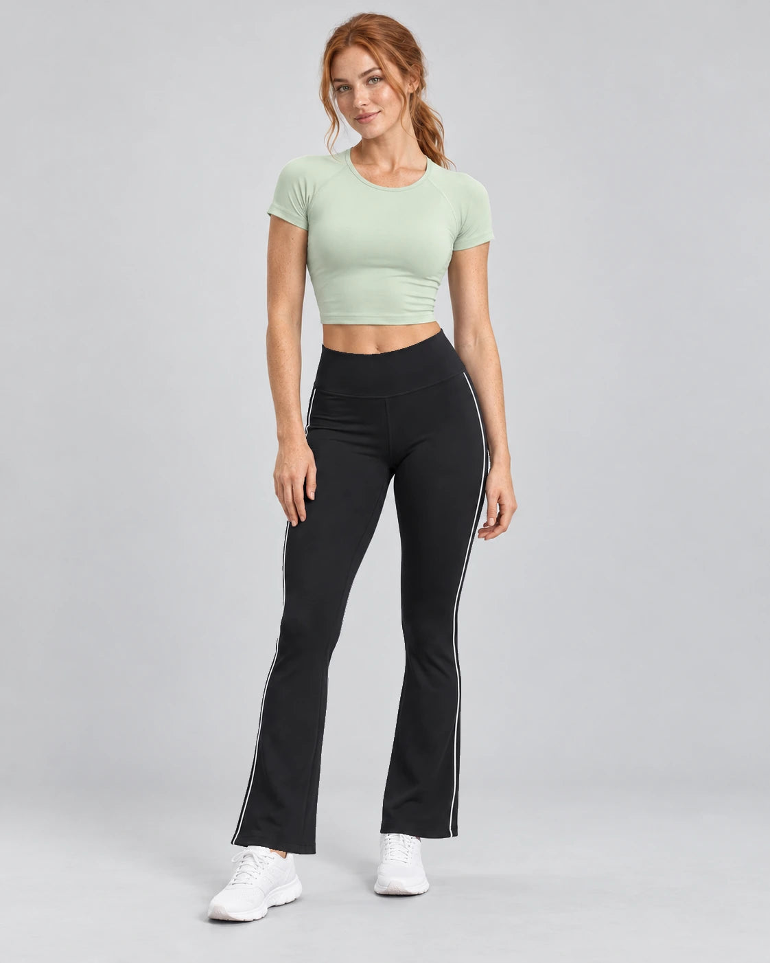 WEARHUB Polyester-Spandex Contrast-Stripe Flared Pants — Starry Black / White, color front view
