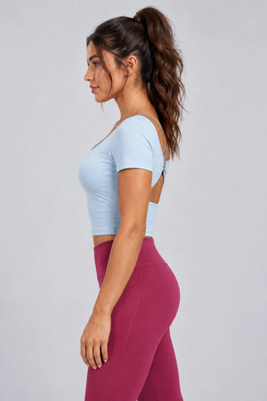 WEARHUB Polyester-Spandex Butterfly-Back Short-Sleeve Active Top — product, side view