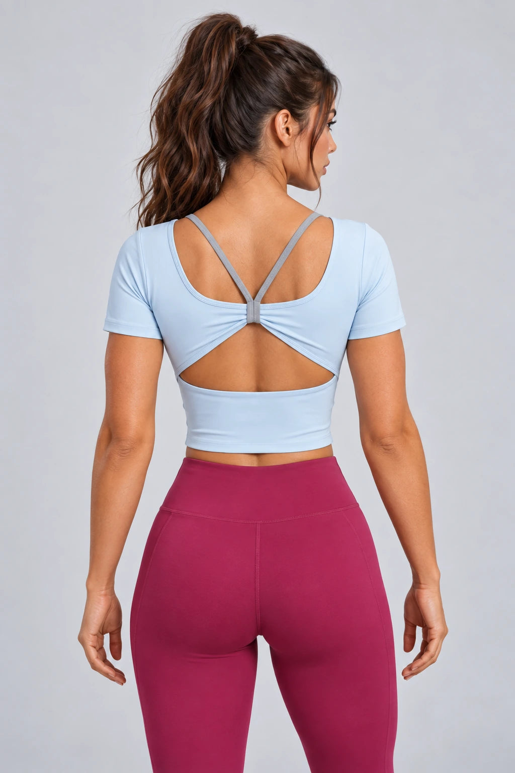 WEARHUB Polyester-Spandex Butterfly-Back Short-Sleeve Active Top — product, back view