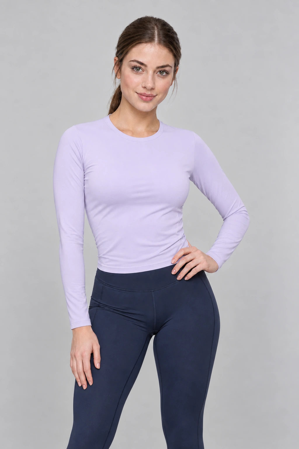 WEARHUB Nylon-Spandex Essential Long-Sleeve Active Top — Meteor Grey, front view