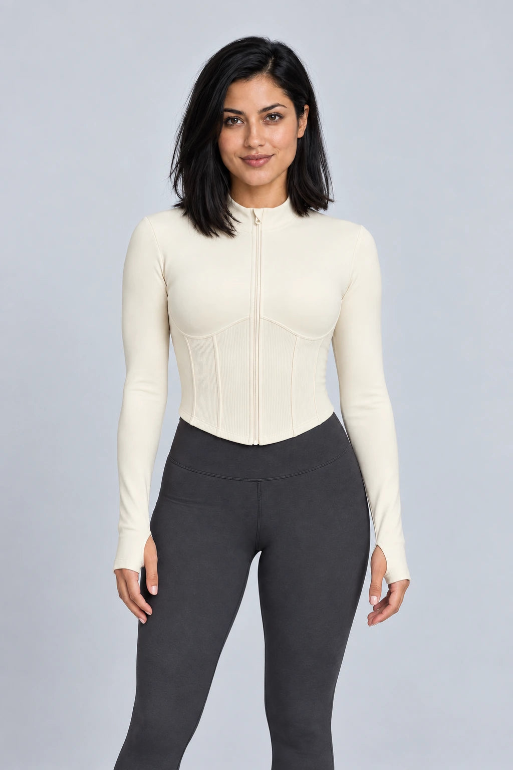WEARHUB Nylon-Spandex Waist-Defining Active Jacket — Black, front view