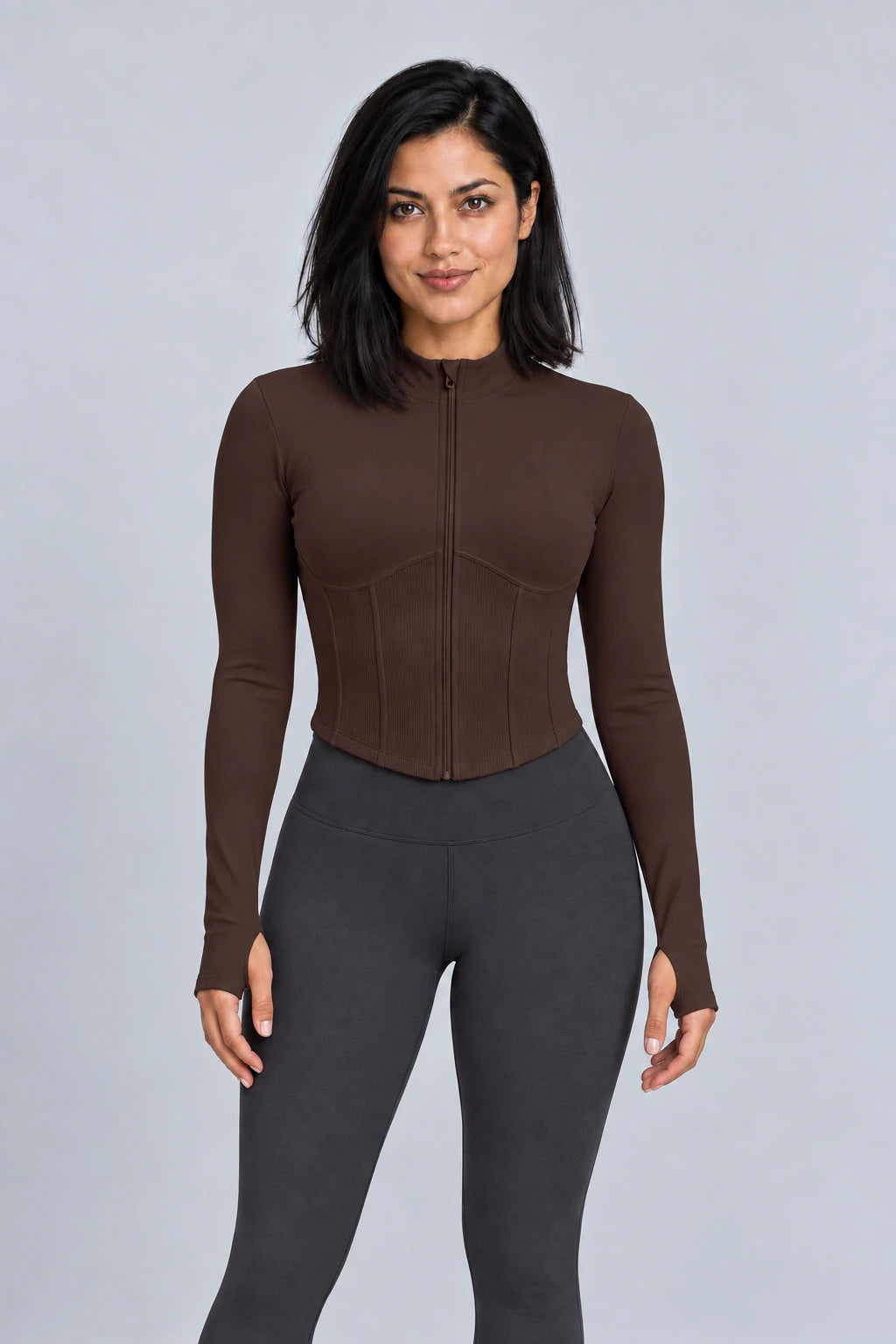 WEARHUB Nylon-Spandex Waist-Defining Active Jacket — Coffee, color front view