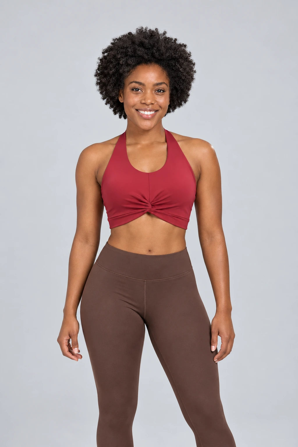 WEARHUB Nylon-Spandex Halter Sports Bra — Dark Plum, front view