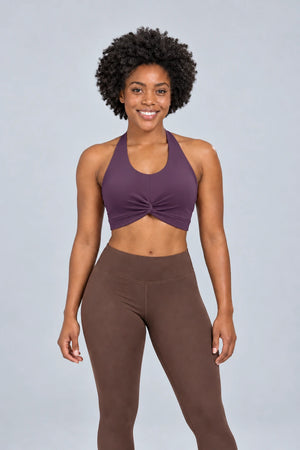 WEARHUB Nylon-Spandex Halter Sports Bra — Dark Plum, color front view