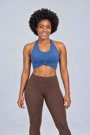 WEARHUB Nylon-Spandex Halter Sports Bra — Denim Blue, color front view