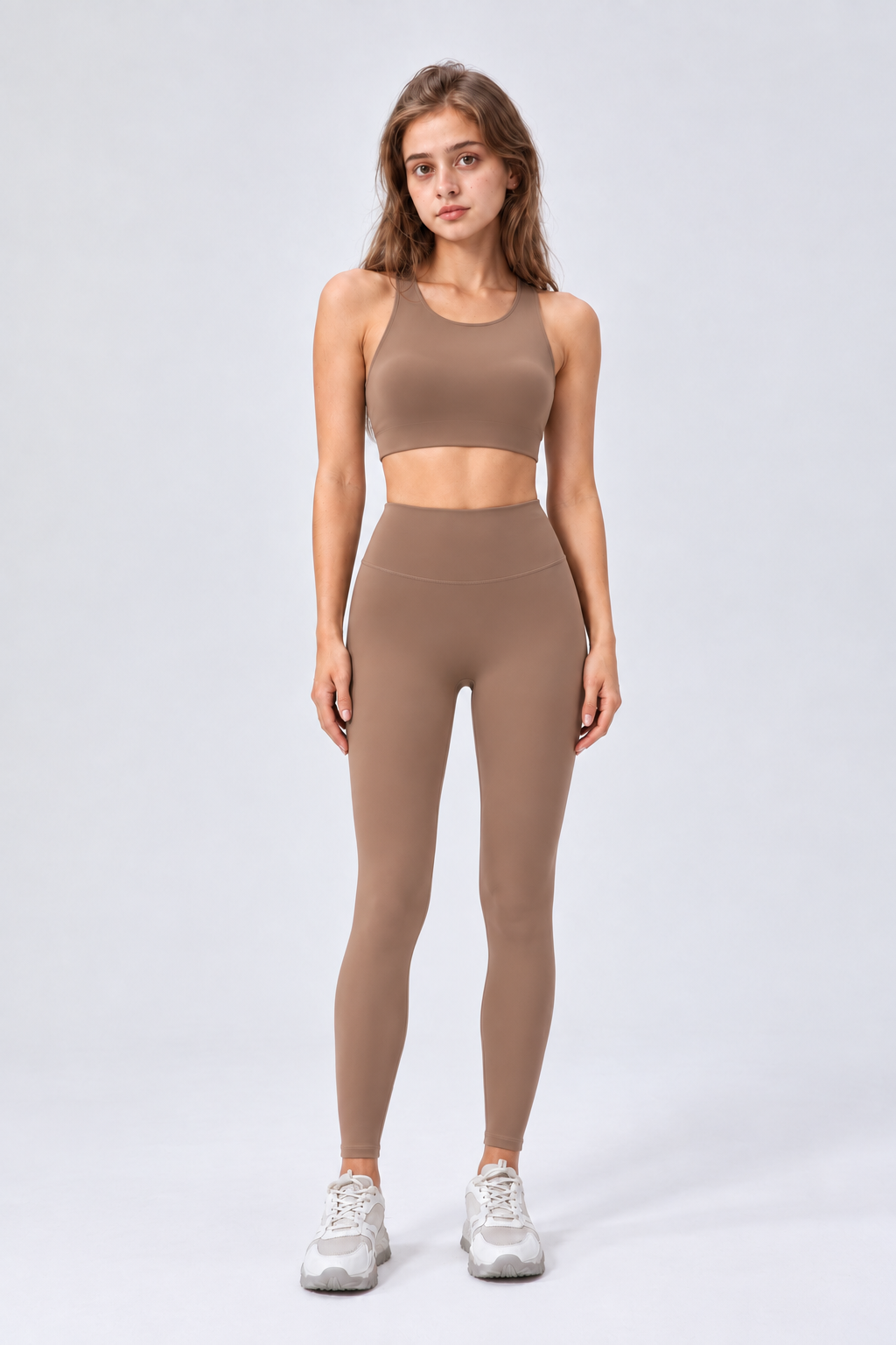 WEARHUB Nylon-Spandex Barely-There Soft-Touch Sports Bra — Mocha Brown, front view