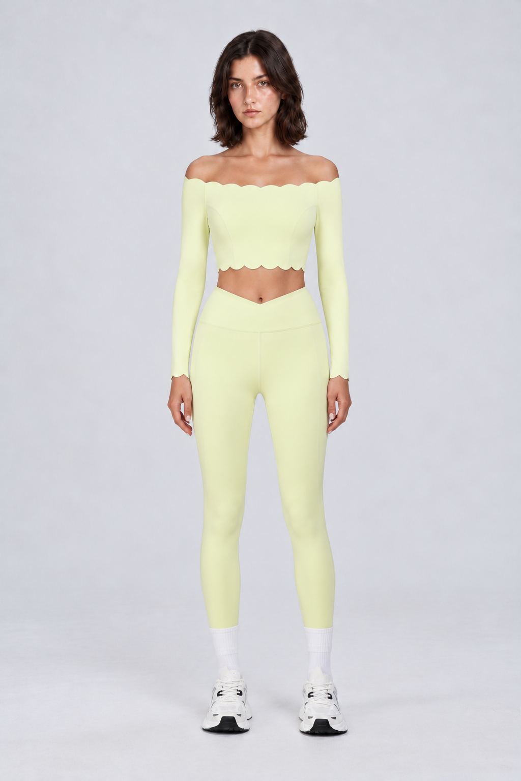 WEARHUB Nylon-Spandex Off-Shoulder Pants Set — Light Yellow, front view