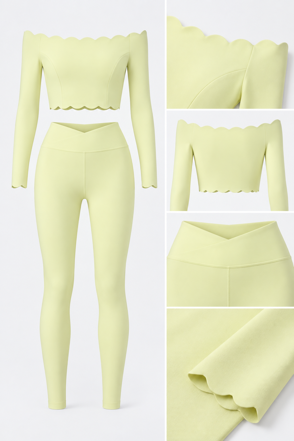 WEARHUB Nylon-Spandex Off-Shoulder Pants Set — Light Yellow, fabric and stitching detail