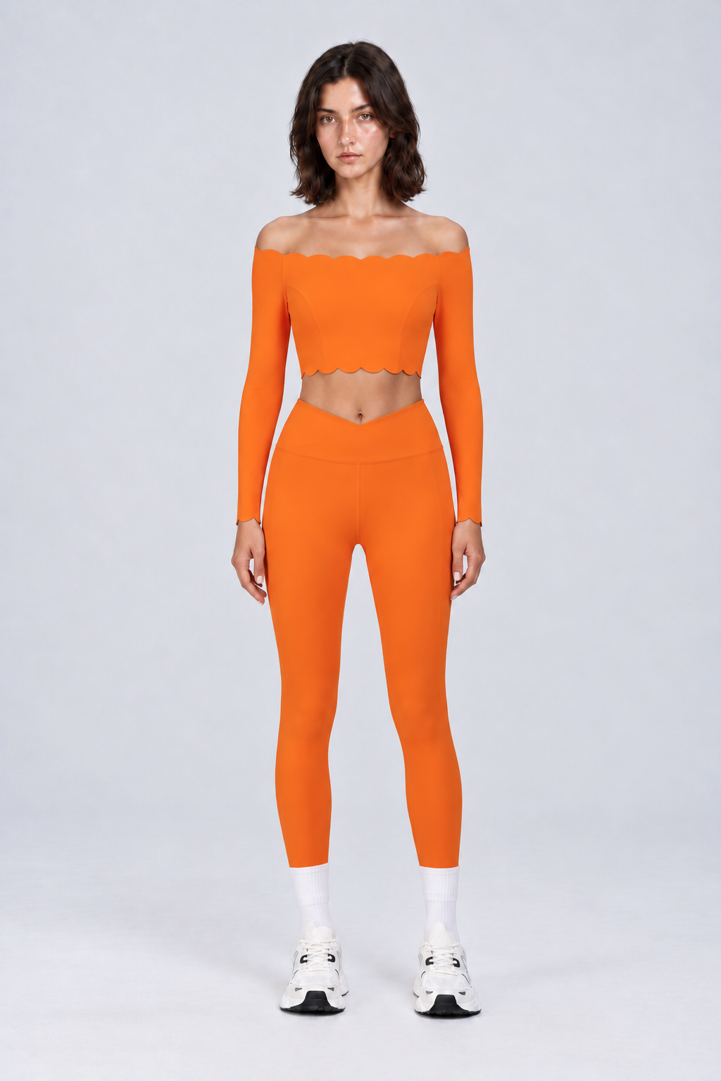 WEARHUB Nylon-Spandex Off-Shoulder Pants Set — Orange, front view