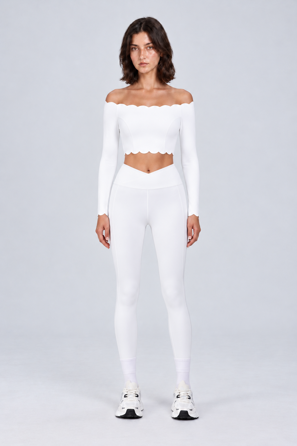 WEARHUB Nylon-Spandex Off-Shoulder Pants Set — White, front view