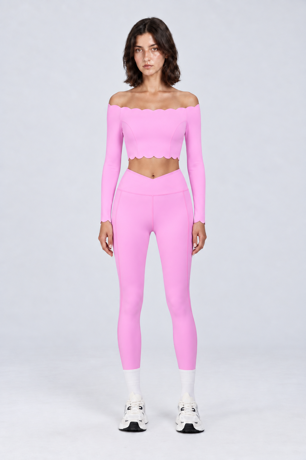 WEARHUB Nylon-Spandex Off-Shoulder Pants Set — Pink, front view
