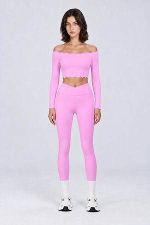 WEARHUB Nylon-Spandex Off-Shoulder Pants Set — Pink, front view
