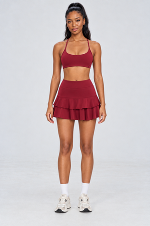 WEARHUB Nylon-Spandex Open-Back Ruffle Skirt Set — Burgundy, front view
