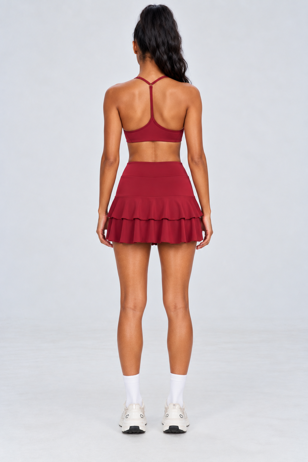 WEARHUB Nylon-Spandex Open-Back Ruffle Skirt Set — Burgundy, back view