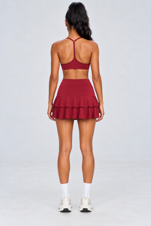 WEARHUB Nylon-Spandex Open-Back Ruffle Skirt Set — Burgundy, back view