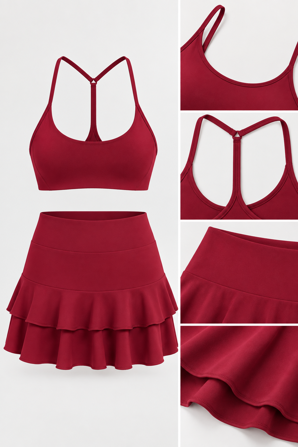 WEARHUB Nylon-Spandex Open-Back Ruffle Skirt Set — Burgundy, fabric and stitching detail