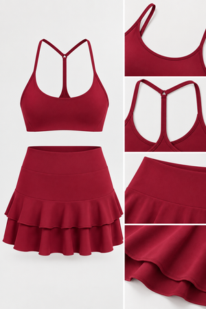WEARHUB Nylon-Spandex Open-Back Ruffle Skirt Set — Burgundy, fabric and stitching detail