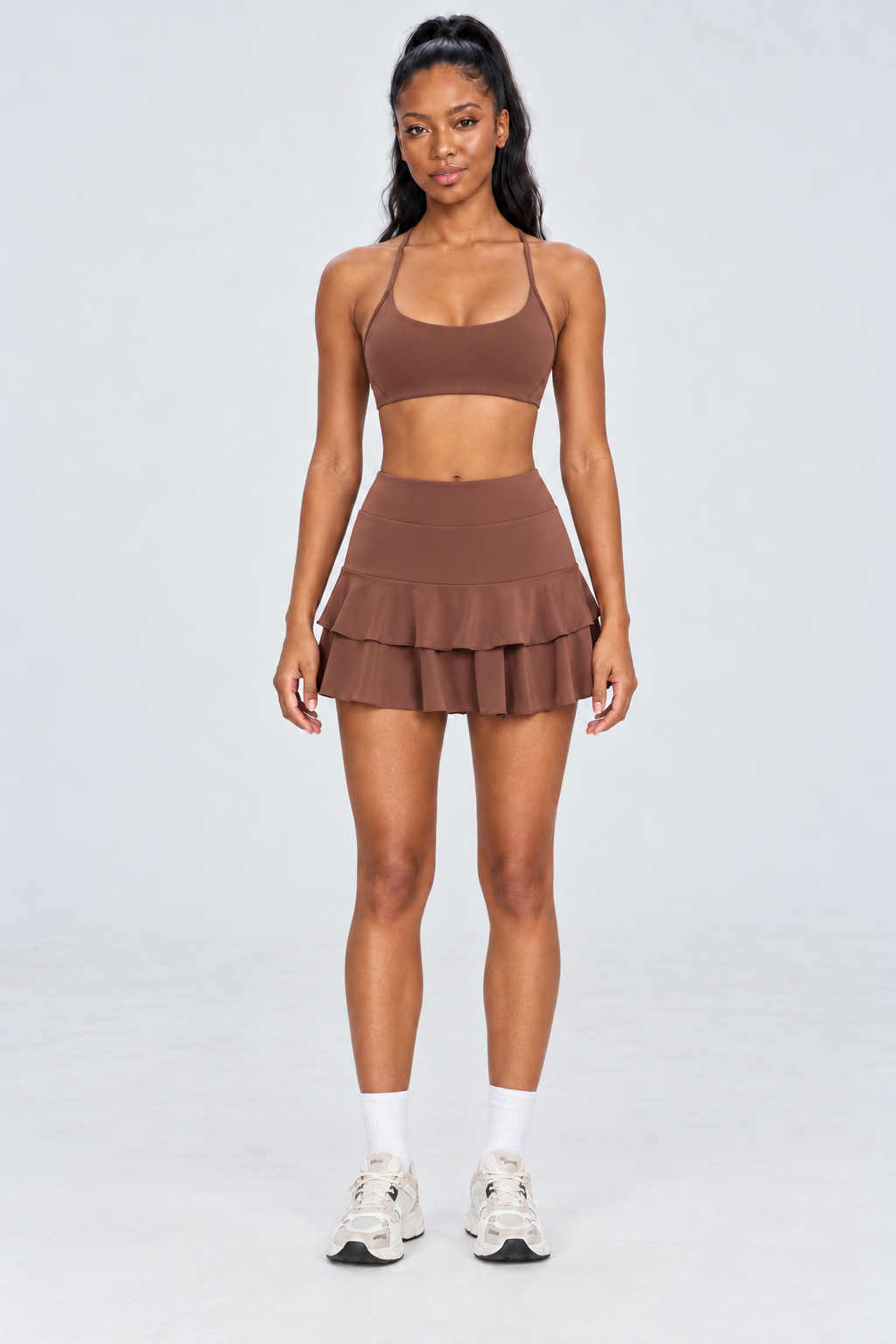 WEARHUB Nylon-Spandex Open-Back Ruffle Skirt Set — Brown, front view