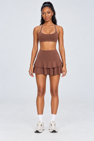 WEARHUB Nylon-Spandex Open-Back Ruffle Skirt Set — Brown, front view