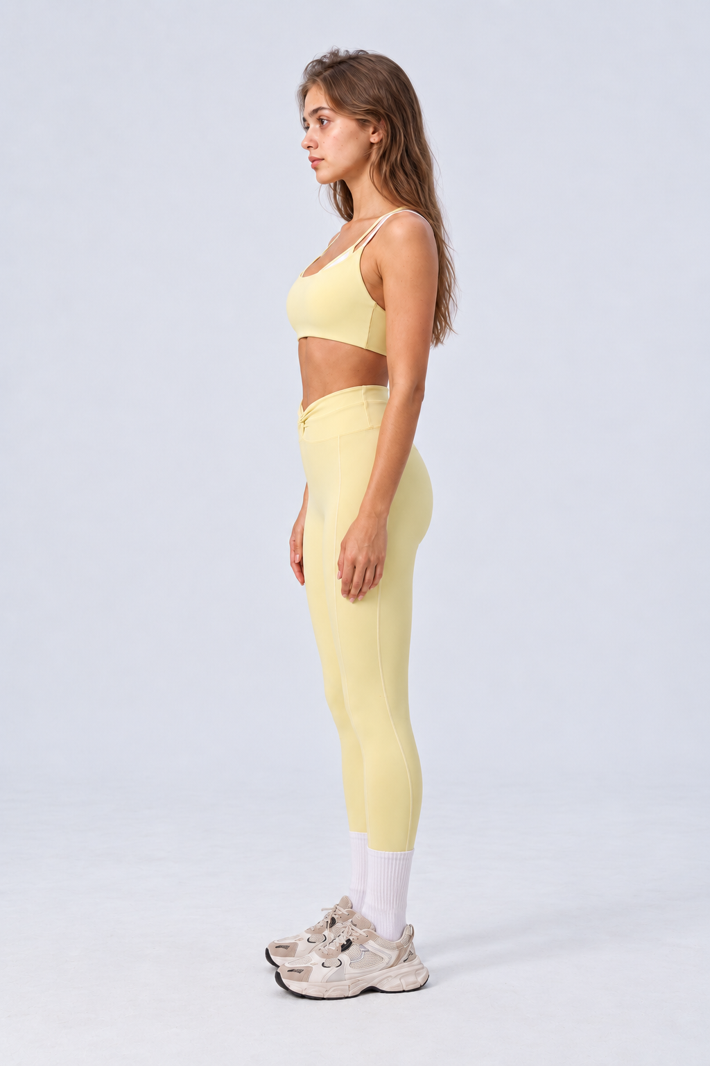 WEARHUB Nylon-Spandex Color-Block Layered-Look Sports Bra — Light Yellow, side view