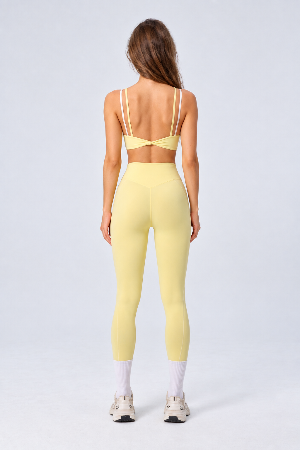 WEARHUB Nylon-Spandex Color-Block Layered-Look Sports Bra — Light Yellow, back view