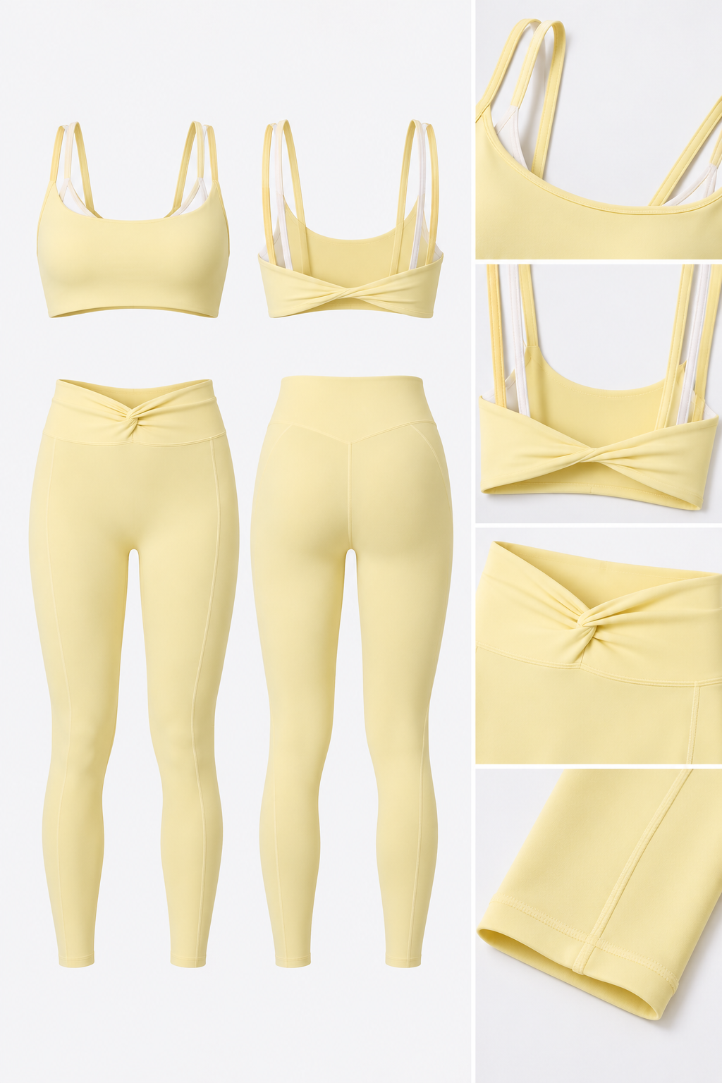 WEARHUB Nylon-Spandex Color-Block Layered-Look Sports Bra — Light Yellow, fabric and stitching detail