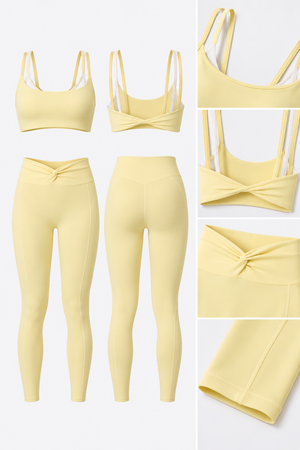 WEARHUB Nylon-Spandex Color-Block Layered-Look Sports Bra — Light Yellow, fabric and stitching detail