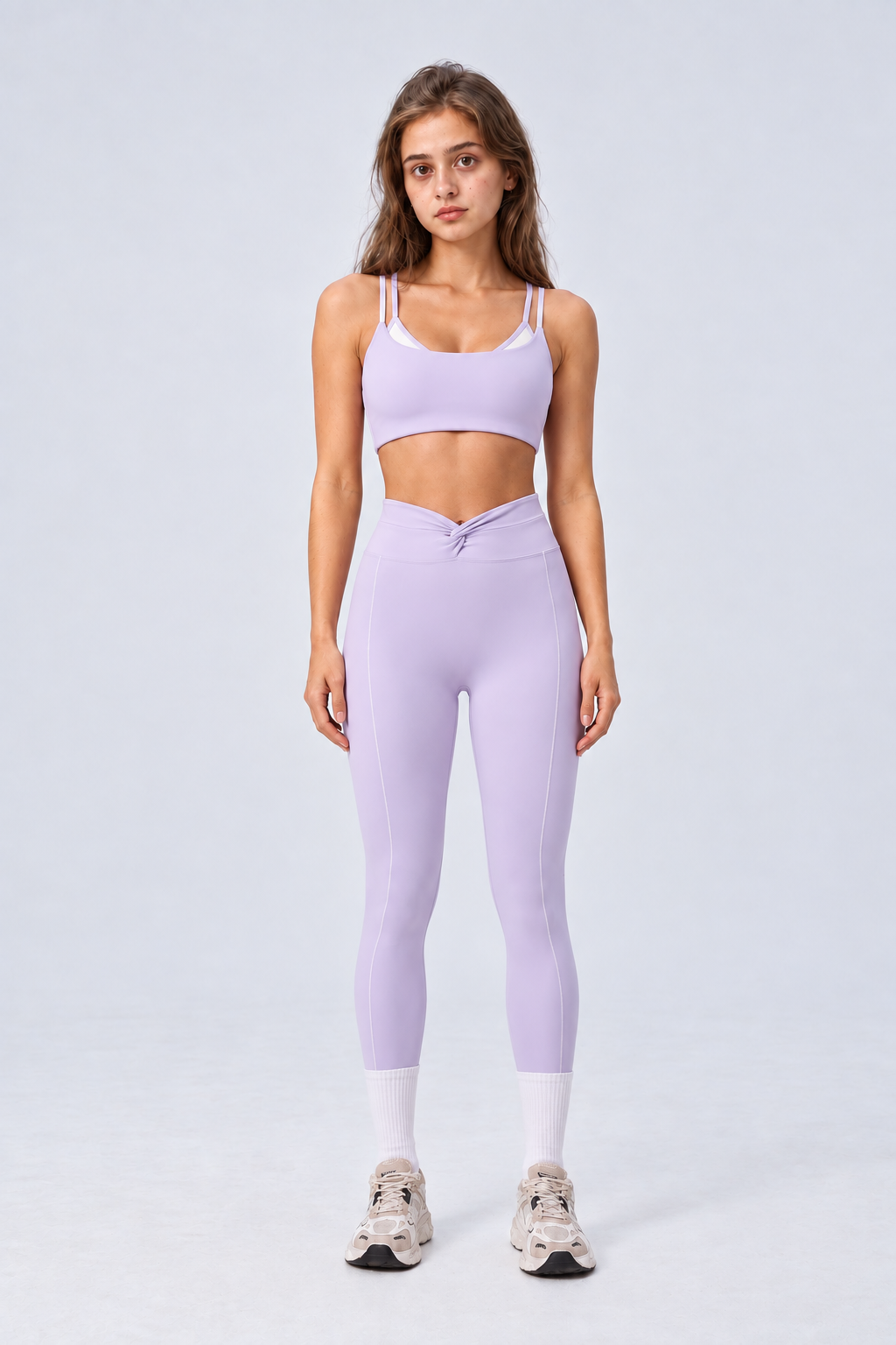 WEARHUB Nylon-Spandex Color-Block Layered-Look Sports Bra — Light Purple, front view