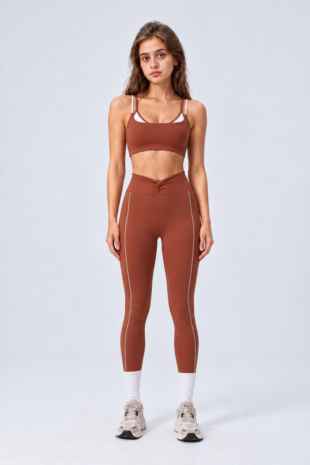 WEARHUB Nylon-Spandex Color-Block Layered-Look Sports Bra — Russet, front view