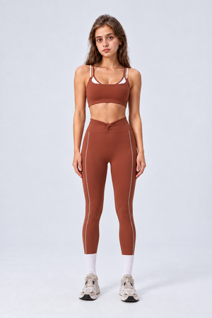 WEARHUB Nylon-Spandex Color-Block Layered-Look Sports Bra — Russet, front view
