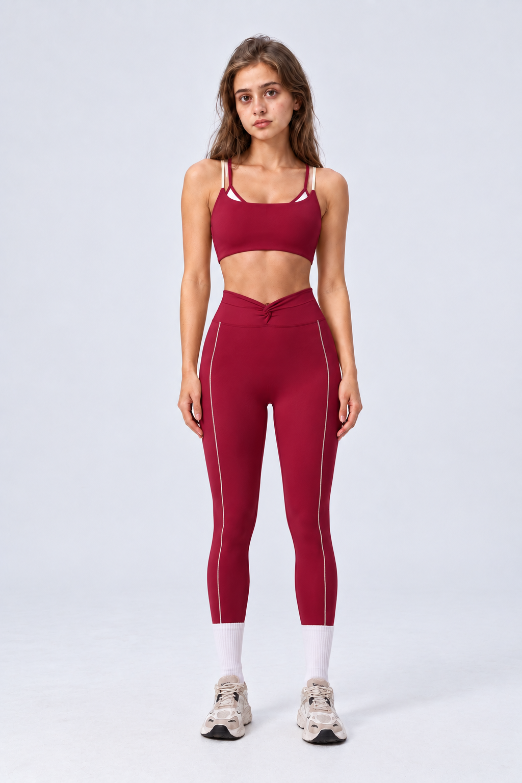 WEARHUB Nylon-Spandex Color-Block Layered-Look Sports Bra — Burgundy, front view