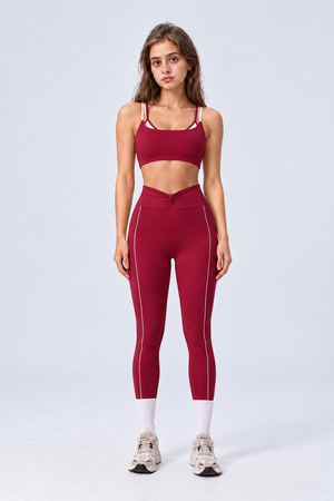 WEARHUB Nylon-Spandex Color-Block Layered-Look Sports Bra — Burgundy, front view