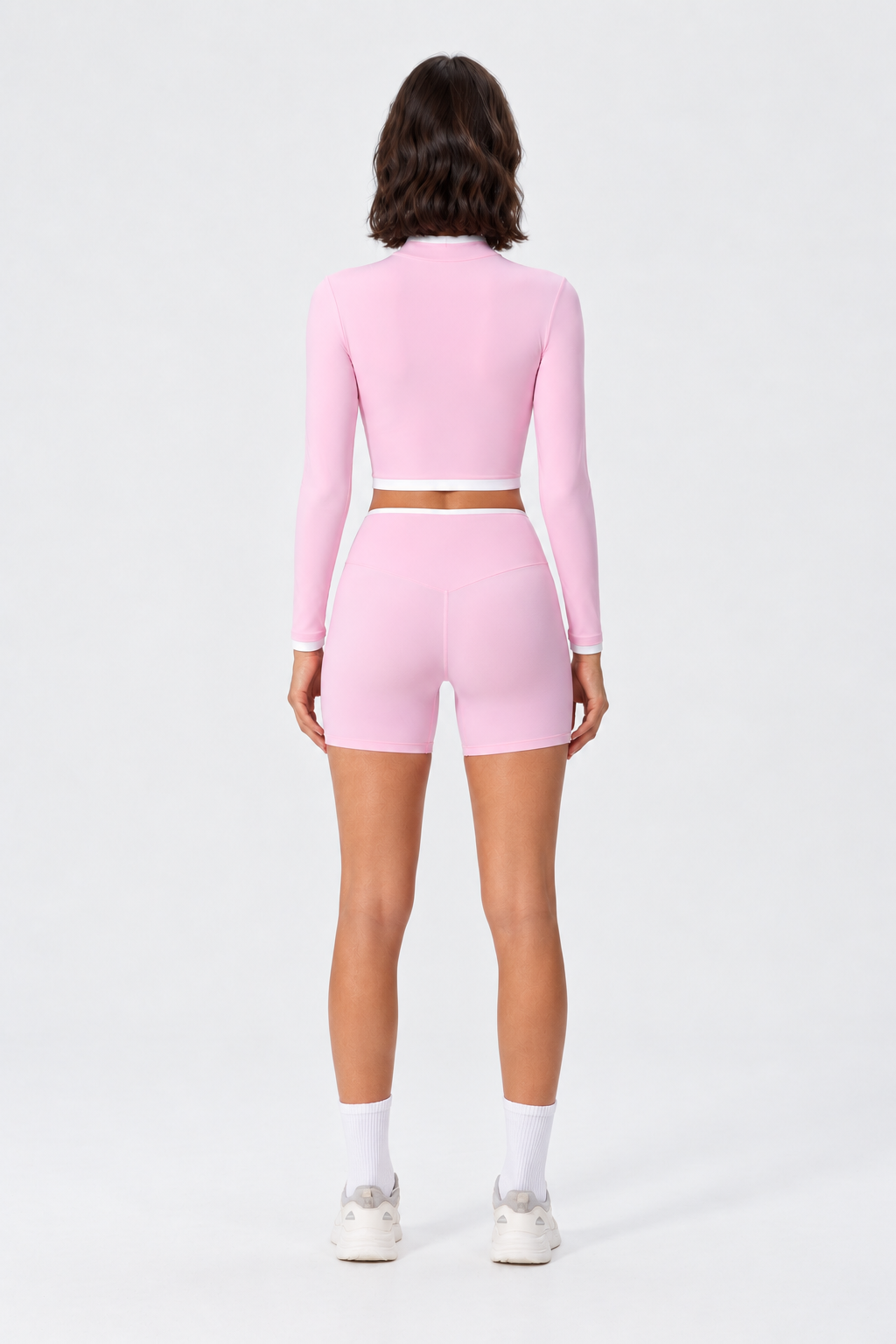 WEARHUB Nylon-Spandex Stand-Collar Color-Block Shorts Set — Pink, back view