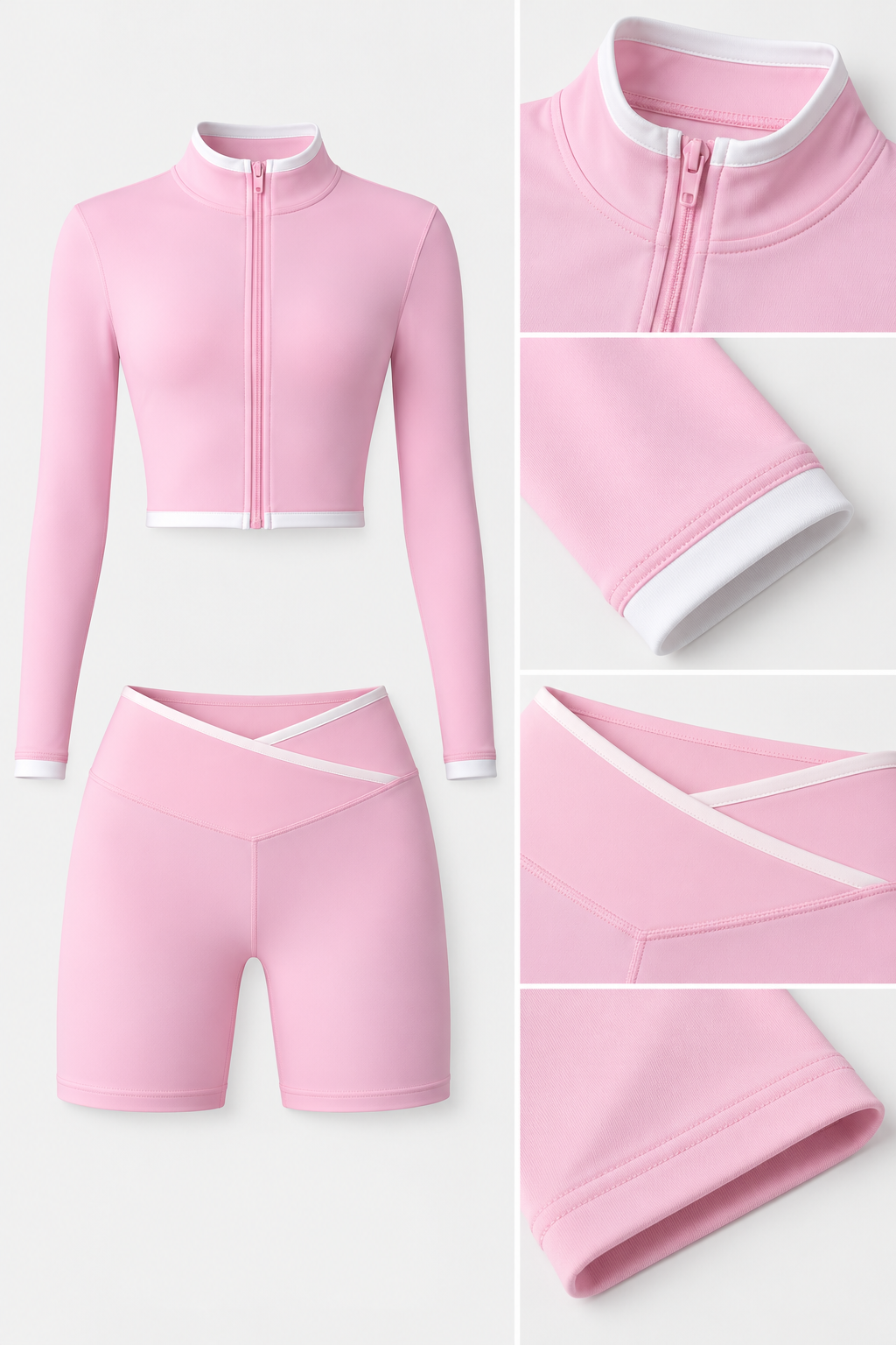 WEARHUB Nylon-Spandex Stand-Collar Color-Block Shorts Set — Pink, fabric and stitching detail