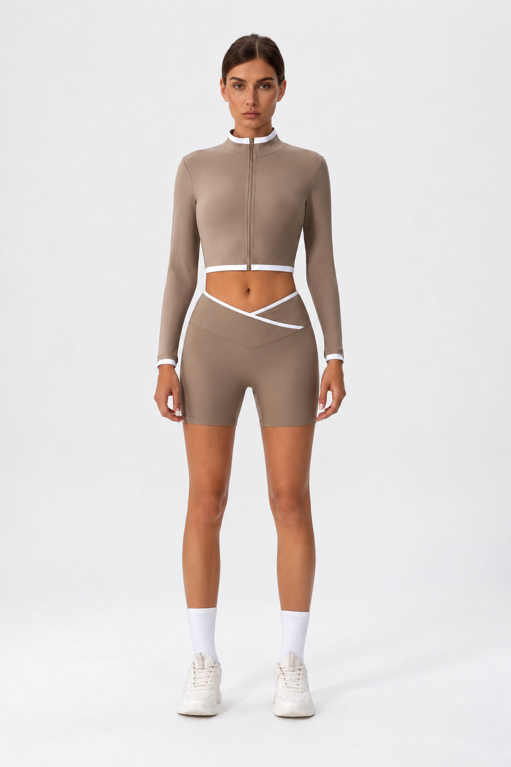 WEARHUB Nylon-Spandex Stand-Collar Color-Block Shorts Set — Khaki, front view