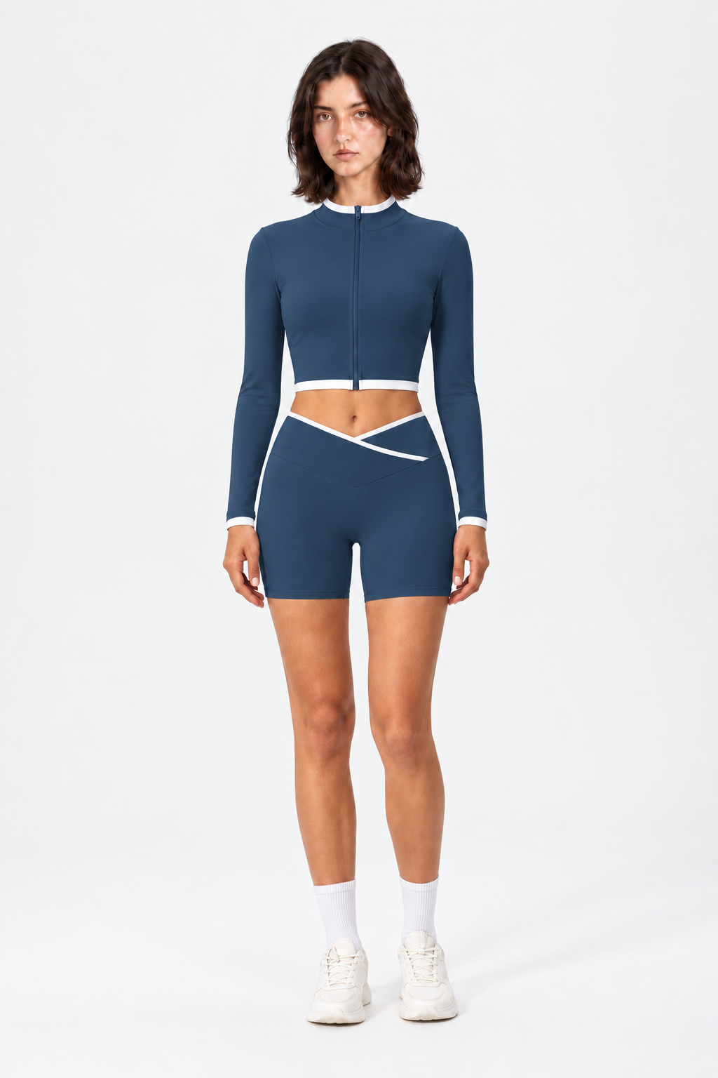 WEARHUB Nylon-Spandex Stand-Collar Color-Block Shorts Set — Dark Blue, front view