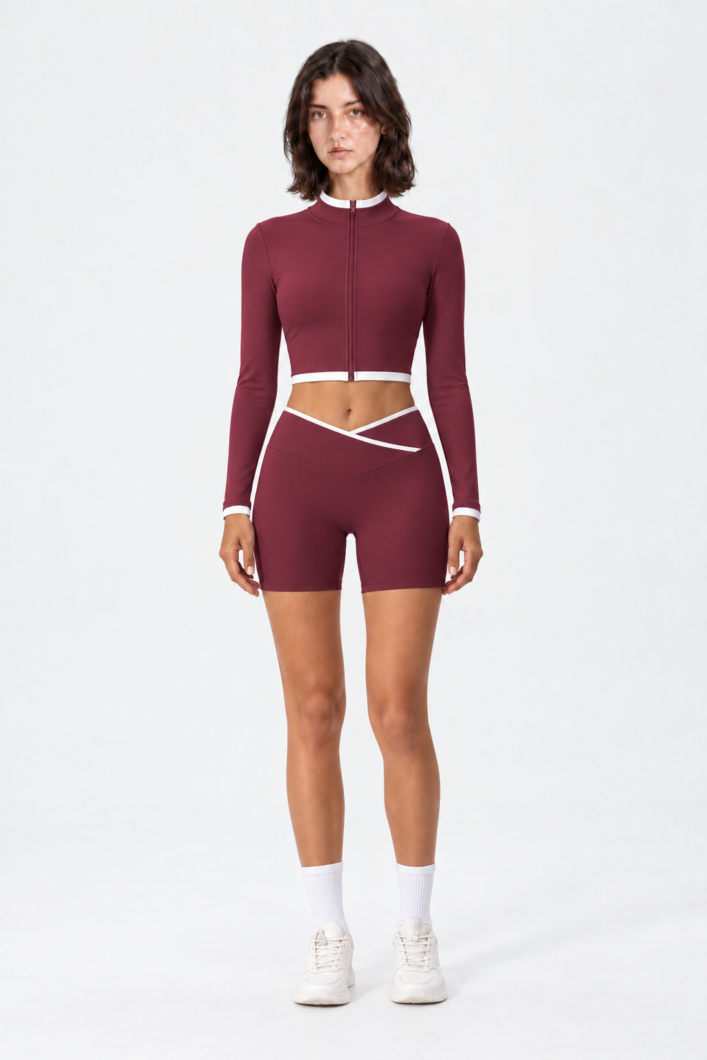 WEARHUB Nylon-Spandex Stand-Collar Color-Block Shorts Set — Burgundy, front view