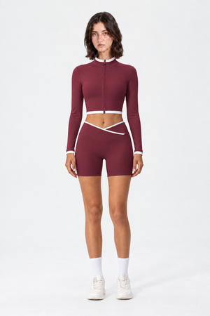 WEARHUB Nylon-Spandex Stand-Collar Color-Block Shorts Set — Burgundy, front view
