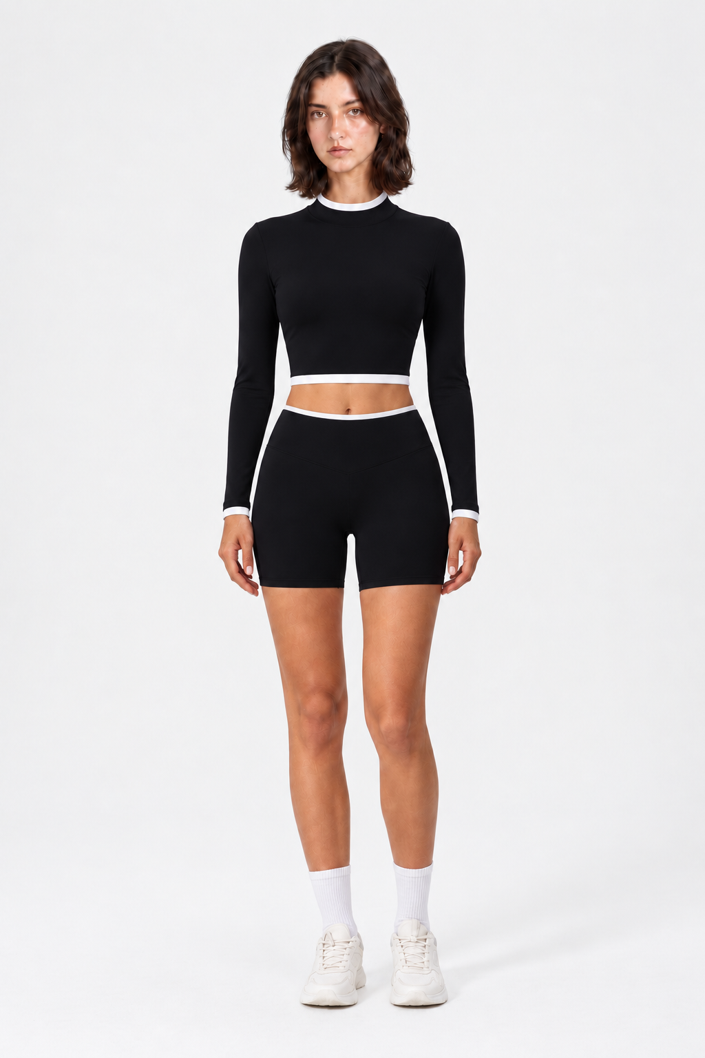 WEARHUB Nylon-Spandex Stand-Collar Color-Block Shorts Set — Black, front view