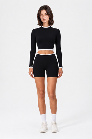 WEARHUB Nylon-Spandex Stand-Collar Color-Block Shorts Set — Black, front view