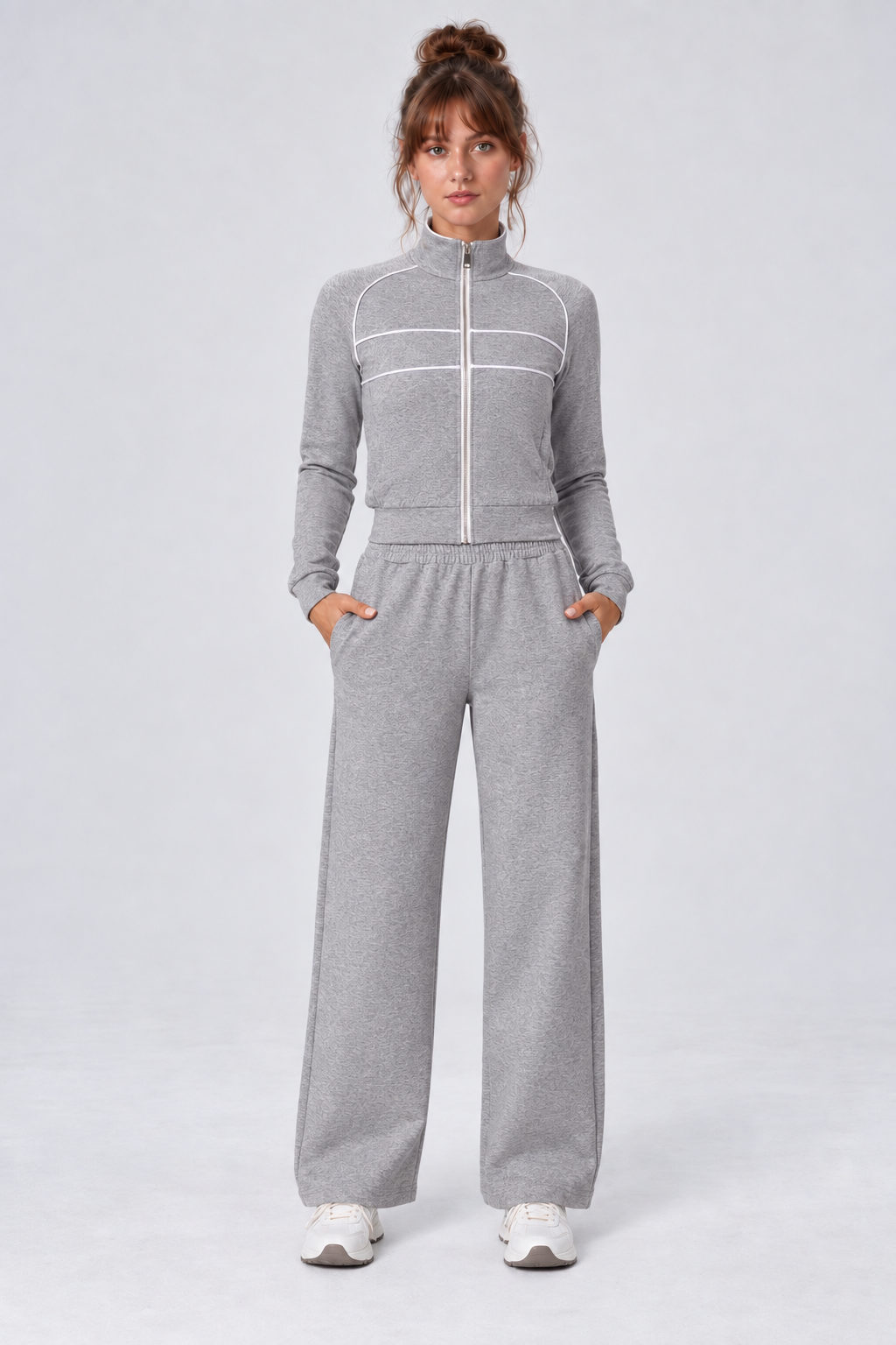 WEARHUB Cotton-Spandex Collared Color-Block Zip Jacket — Heather Grey, front view