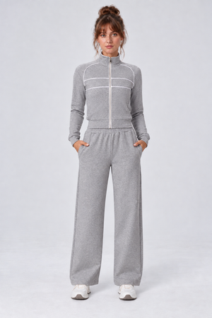 WEARHUB Cotton-Spandex Collared Color-Block Zip Jacket — Heather Grey, front view