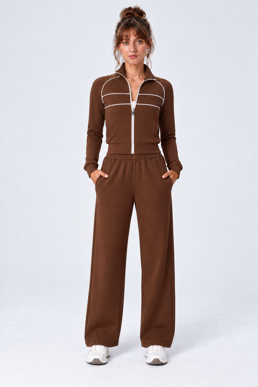WEARHUB Cotton-Spandex Collared Color-Block Zip Jacket — Brown, front view