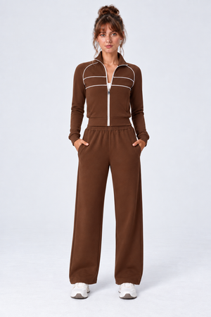 WEARHUB Cotton-Spandex Collared Color-Block Zip Jacket — Brown, front view