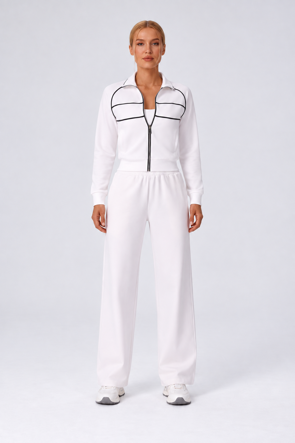 WEARHUB Cotton-Spandex Collared Color-Block Zip Jacket — White, front view