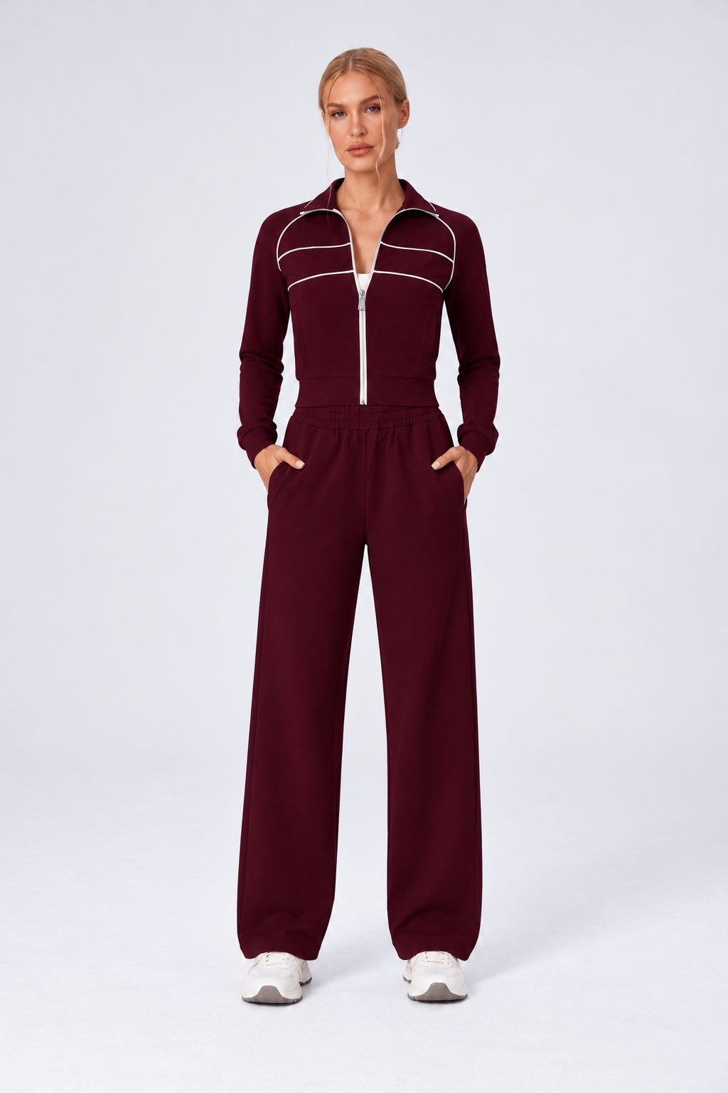 WEARHUB Cotton-Spandex Collared Color-Block Zip Jacket — Burgundy, front view