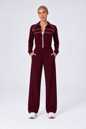 WEARHUB Cotton-Spandex Collared Color-Block Zip Jacket — Burgundy, front view