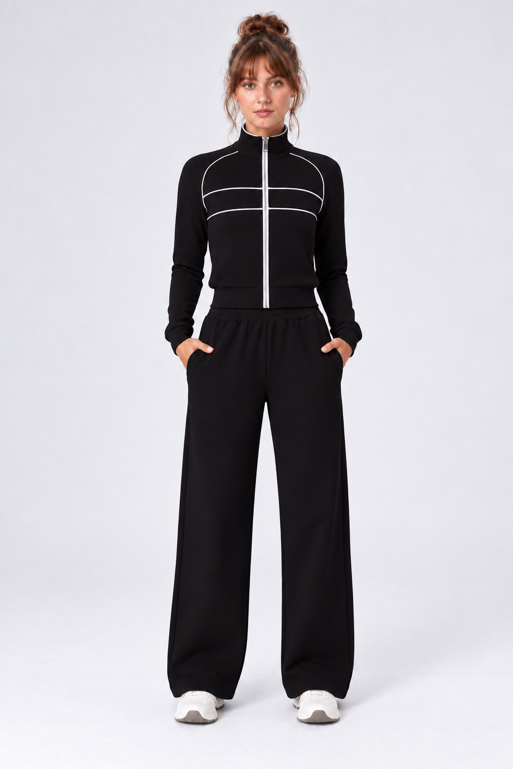WEARHUB Cotton-Spandex Collared Color-Block Zip Jacket — Black, front view