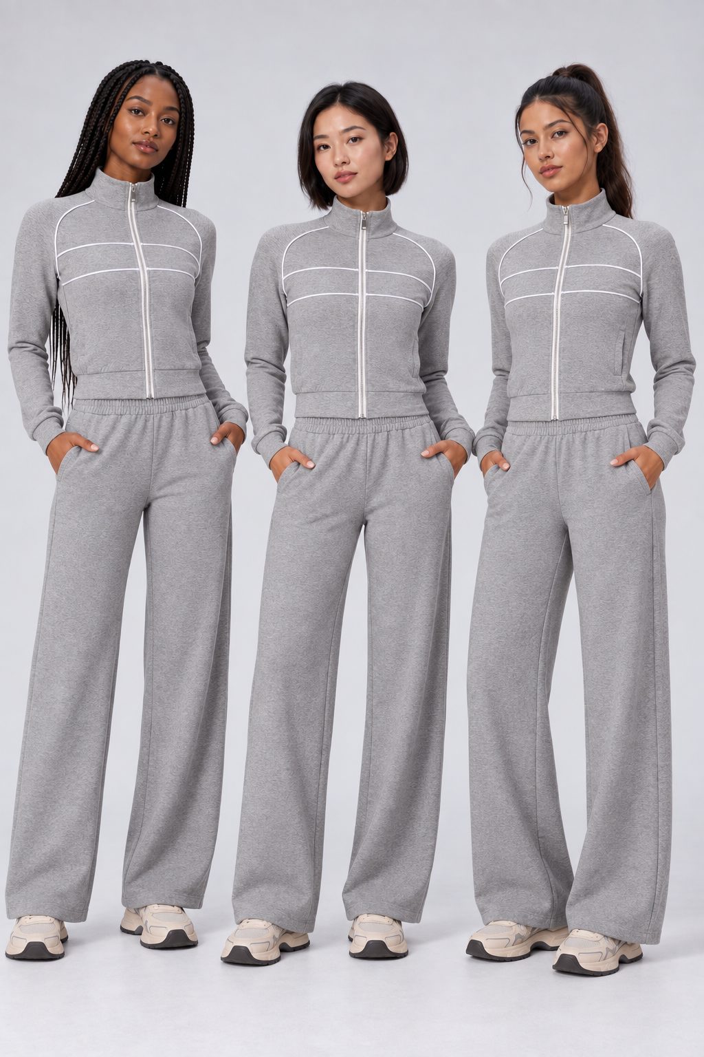WEARHUB Cotton-Spandex High-Waist Relaxed-Fit Active Pants — Heather Grey, on multiple models