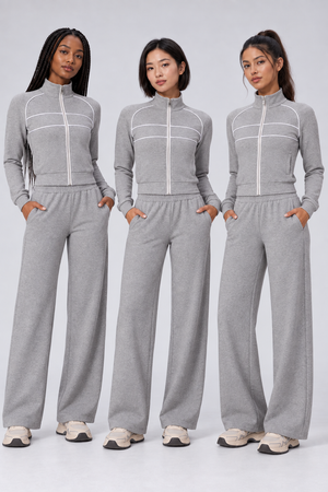 WEARHUB Cotton-Spandex High-Waist Relaxed-Fit Active Pants — Heather Grey, on multiple models